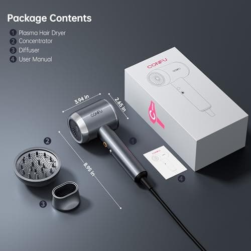 CONFU Diffuser Hair Blow Dryer - Plasma Ionic Professional 1600 Watt Hairdryer Fast Drying for Curly Hair Anti Frizz - Lightweight Portable Ion Blower Dryer for Women & Men 8