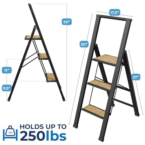 Step Ladder 3 Step Folding, Decorative - Beautiful Bamboo & Black Aluminum, Ultra Slim Profile, Anti Slip Steps, Sturdy-Portable for Home, Office, Kitchen, Photography Use,by SORFEY 2