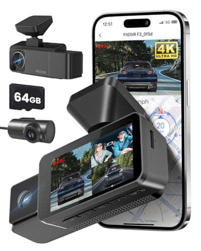 FitDVR 4K 3 Channel Dash Cam, 2160P+1080P+1080P Front and Rear Inside Car Camera with 64GB Card, WiFi Built-in GPS, 3“ IPS Screen, IR Night Vision, G Sensor, WDR(F3)