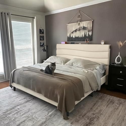 EnHomee King Size Bed Frame, Upholstered King Bed Frame with Charging Stations, Storage Headboard Adjustable, Bedroom, Apartment, Dorm, Noise-Free, No Box Springs Needed, Beige