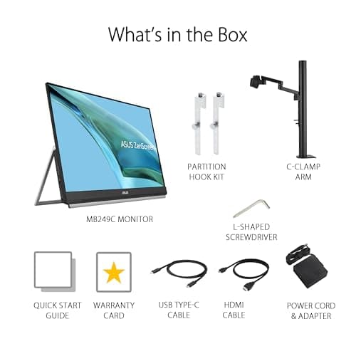 ASUS ZenScreen 24” (23.8” viewable) 1080P Portable USB-C Monitor (MB249C) - FHD, IPS, Eye Care, Speakers, Multi-Stand Design, Kickstand, C-clamp Arm, Partition Hook, Carrying Handle, WFH Monitor 7
