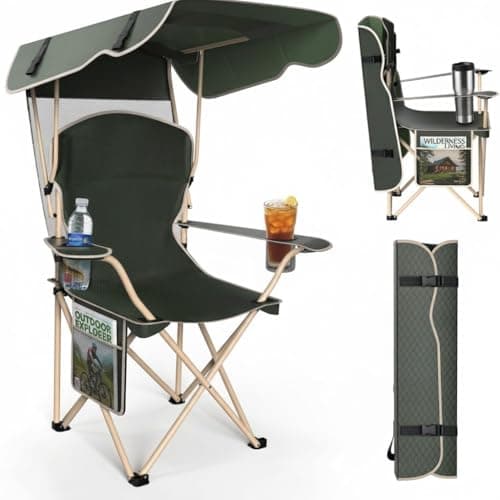 CozyBox Portable Folding Camping Chairs with Canopy Shade, Beach Chair for Adults, Durable Weather Resistant 600D Oxford Cloth, Camping Chair with Canopy for Outdoors [Olive Green]