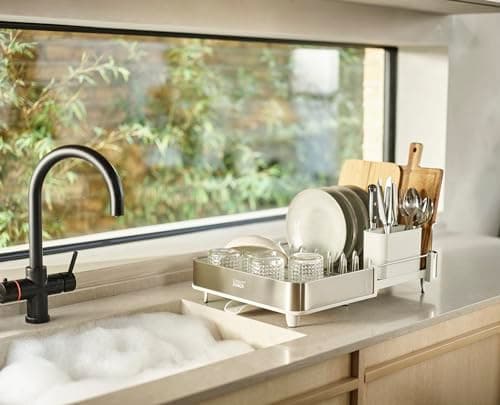Joseph Joseph Extend Steel Expandable Dish Drying Rack with Removable Cutlery Holder Swivel Draining Spout, Stainless Steel 6