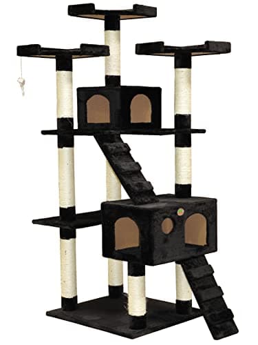 Go Pet Club 72" Tall Cat Tree Tower with Cat Condos - Large Cat Tree - Cat Tower for Indoor Cats - Play Scratch Hide Climb Activity Furniture with Toy - Black