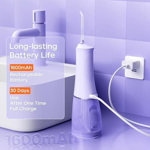 SEAGO Water Dental Flosser Cordless for Teeth, 5 Modes and 7 Nozzles, Dental Water Flosser 300mL, DIY Mode Memory Function, IPX7 Waterproof Dental Flosser, SG8019 Purple 7