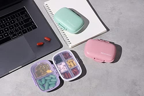 MEACOLIA 3 Pack 8 Compartments Travel Pill Organizer, Daily Pill Case Small Pill Box for Pocket Purse, Portable Pill Container Medicine Vitamin Organizer (Purple, Green, Pink) 7