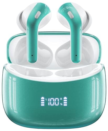 Wireless Earbuds, Bluetooth Ear Buds Headphones, 60H Long Playtime, Stereo Deep Bass, LED Power Display, IPX7 Sport Waterproof, Lightweight in-Ear Earphones with Mic for iPhone Android PC Royal Green