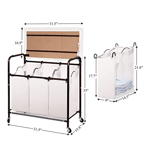 Ollieroo Classic Rolling Laundry Sorter Cart Heavy Duty 3 Bags Laundry Hamper Sorter with Ironing Board (Beige) 6