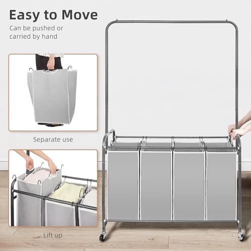 STORAGE MANIAC Laundry Sorter with Hanging Bar, Portable, Removable Laundry Hamper Cart with Heavy Duty Rolling Lockable Wheels and Removable Bags, Rolling Laundry Basket Organizer 181L, 4 Section 7