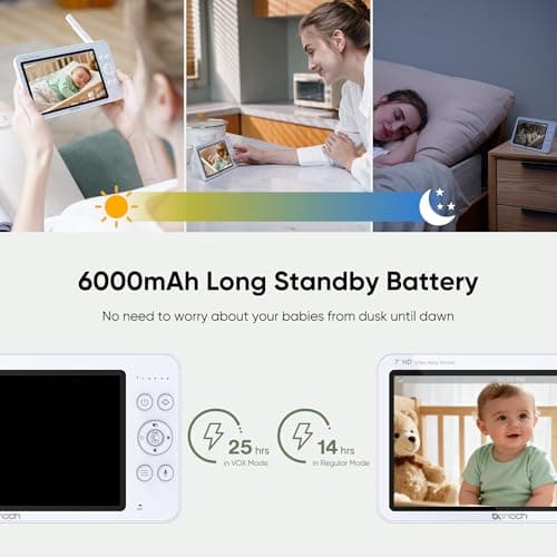 bonoch MegaView Baby Monitor with Camera and Audio, 7" 720P HD Video Baby Monitor No WiFi, 6000mAh Battery, VOX Mode, Auto Night Vision, Hack Proof, Remote PTZ, 8 Lullabies Baby Camera Monitor 5
