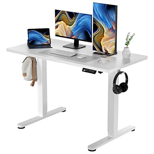 JYLH JOYSEEKER White Standing Desk, 48 X 24 Inch Adjustable Height Electric Desk, Sit Stand Desk with Splice Board and 2 Hooks, Ergonomic Rising Table for Home Office