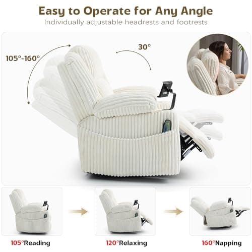 SINCRUMI Power Oversized Swivel Rocker Recliner with Dual Motor Adjustable Headrest for Adults, Glider Rocking Chair with Vibration and Heat, USB A&C Ports, Armrest Storage, Cup Holder, Cream White 6