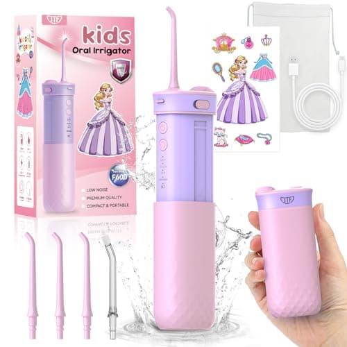 JTF Portable Water Flosser for Kids: 4 Gentle Modes for Ages 6+, Safe & Effective for Sensitive Teeth, Braces - with DIY Stickers, 4 Nozzles, Travel Bag, Mini Compact Oral Irrigator for Home & School