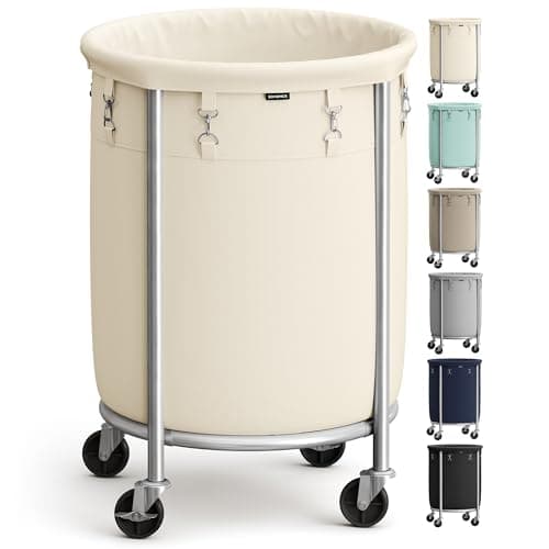 SONGMICS 29-Gallon (110 L) Laundry Basket with Wheels, Rolling Round Heavy-Duty Laundry Hamper Cart with Steel Frame and Removable Bag, 2 Locking Wheels, Cream White and Metallic Silver URLS002W01
