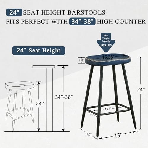 FIRAVOE Bar Stools Set of 2, Modern 24" Counter Height Bar Stools, Faux Leather Backless Saddle Stools for Kitchen Island (Navy Blue, 2 PCS 24'' Height) 2