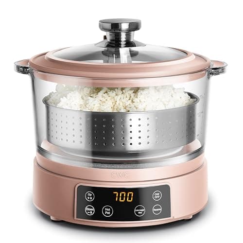 COOK WITH COLOR 3L Glass Mini Low Carb Rice Cooker – Holds 2 Cups Raw/Makes 6 Cups Cooked with Auto Lift Filter Basket, Hotpot & Steamer for Rice, Grains, Digital Panel with Keep Warm, Dusty Rose