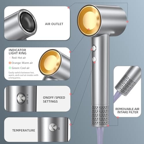 Hair Dryer, 150,000 RPM Brushless Motor, Ultra-Fast Drying with 3 Heat Settings & LED Lights, Negative Ion Technology, Quiet Lightweight Blow Dryer with Diffuser & Nozzle for Home, Salon, Travel Use 5