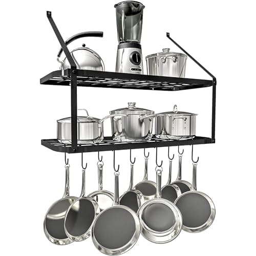 Vdomus Hanging Pot and Pan Organizer - Rustproof Wall Mounted Rack for Kitchen Storage - Durable, Thick Iron Material - 2-Tier Shelf with 10 Hooks for Utensils - Wall Mounted Black Pot Rack