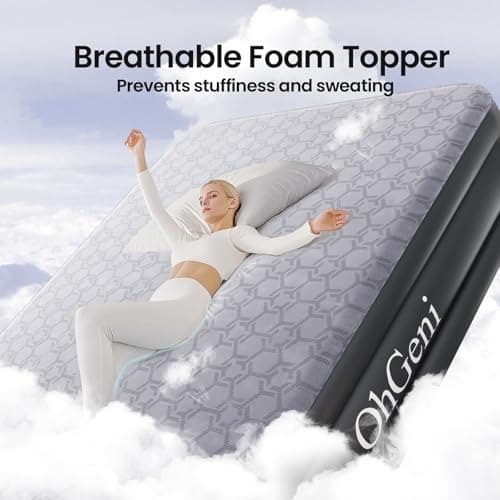 OhGeni 18" Luxury Air Mattress Queen with Built-in Pump, Silk Foam Topper Inflatable Bed for Superior Comfort, Premium Blow-Up Mattress for Home & Guest, Easy Setup, Extra Support, Black 7