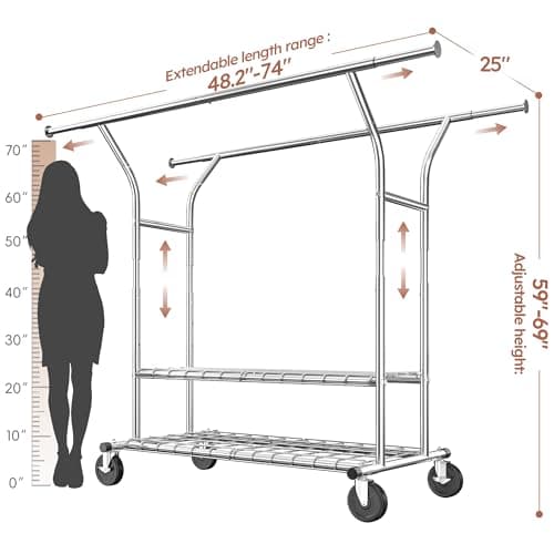 Raybee Clothing Rack Load 630 LBS, Clothes Racks for Hanging Clothes, Rolling Heavy Duty Clothing Rack, Metal Garment Rack for Clothes Storage Bedroom Closet Laundry Room 8