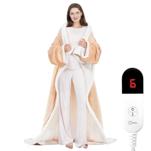 HOW'S MY HOUSE Wearable Heated Blanket with Foot Pocket, Electric Blanket with Sleeves, Flannel & Sherpa Heating Throw with 7 Heat Settings & 4 Hours Time Settings, 52" x 72", Beige