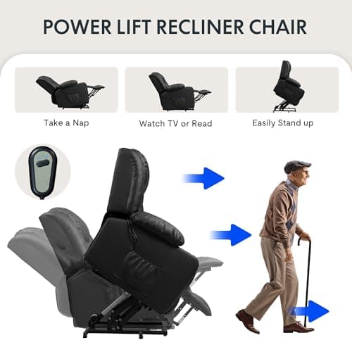 FLEXISPOT XL31 Power Lift Recliner Chair for Elderly, Electric Lift Chair with Massage & Heat, PU Leather Reclining Sofa w/Cup Holders, Side Pockets for Living Room Bedroom(Medium Size,Black) 6