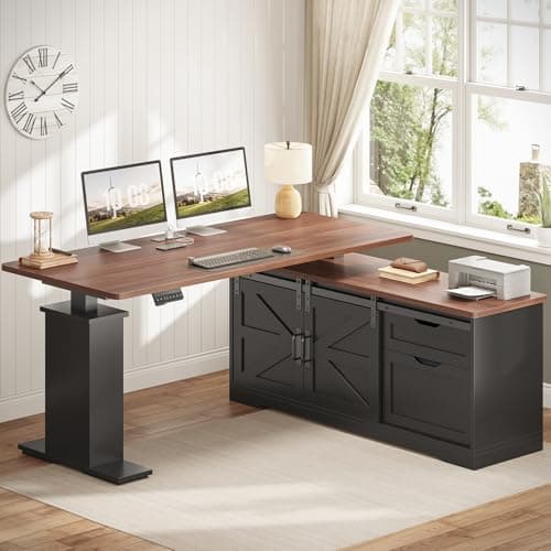 SEDETA Farmhouse L Shaped Standing Desk, 55 inch Height Adjustable Corner Desk with Storage Drawers, Standing Computer Desks with Power Outlets for Home Office, Black