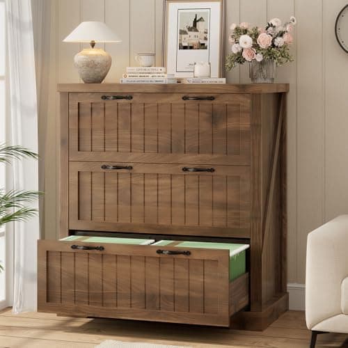SEDETA Filing Cabinet for Home Office, Farmhouse 3 Drawer File Cabinet, Wood Office File Cabinets for Letter/Legal/A4 Size, Lateral File Cabinets with Printer Stand, Brown