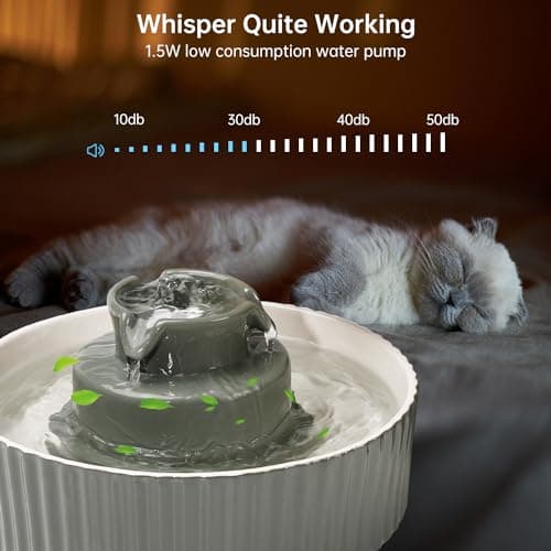 Ceramic Cat Water Fountain, 2.1L/70oz Ceramic Pet Water Fountain Automatic Cat Drinking Fountains Pet Water Bowl, Porcelain Cat Water Dispenser with Ultra-Quiet Pump for Cats and Dogs(Grey) 5