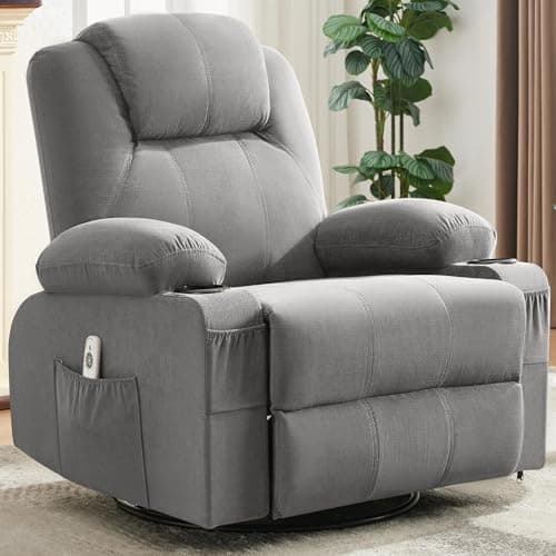 Weture Swivel Rocker Recliner Chair with Heat and Massage, 360 Degree Swivel Rocking Single Sofa with Cup Holders and USB Port, Big Oversized Recliner Chair for Living Room (Fabric, Light Grey)