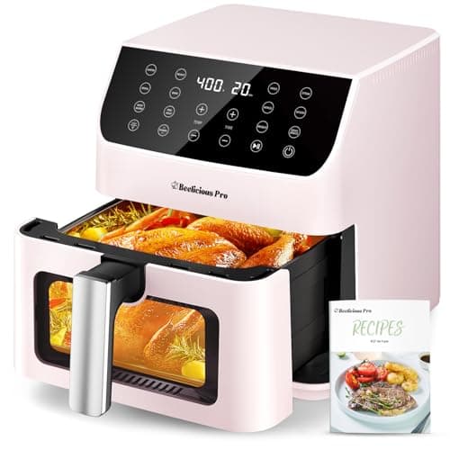 Beelicious 5.8QT Large Air Fryer, 12-in-1 Digital Airfryer with Clear Window, 40+ Recipes, Flavor-Lock Tech, Shake Reminder, Compact, Quiet, Dishwasher Safe, Nonstick (Cherry Pink)