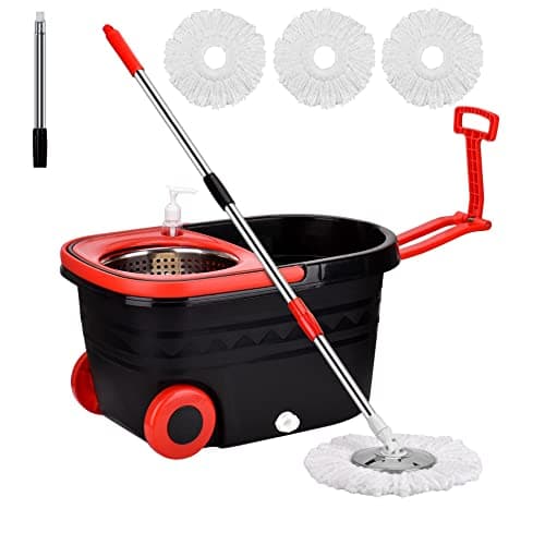 Mop Bucket Set, 360 Spin Stainless Steel Spin Mop Bucket System with 3 Mop Heads, for Floor Cleaning