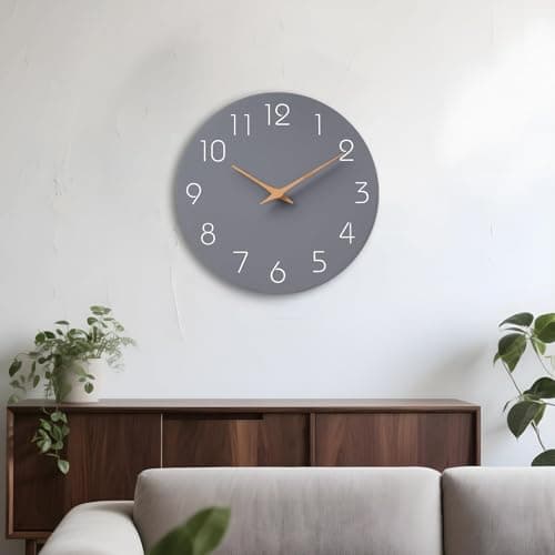 Mosewa Wall Clock 14 Inch Gray Battery Operated Silent Non Ticking Simple Modern Wood Clock Decorative for Bedroom Living Room Kitchen Home Office 7