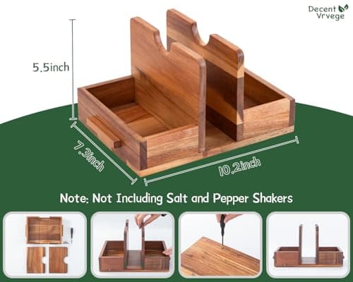 Decent Vrvege Napkin Holder, Napkin Holders with Built-in Salt Pepper Shakers Caddy, Acacia Wood Napkins Dispenser for Dining Table Countertop, Upright Paper Stand - Keep Your Kitchen Tidy & Organized 8