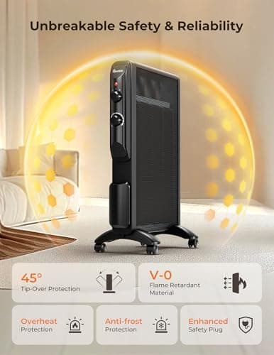Reekie Electric Space Heater for Indoor Use 1500W, Large Room Heater with Thermostat, 2 Heat Settings, Fast Heating, Quiet, Safety Protection, Portable Mica Heater for Office Home Bedroom 120V Black 5