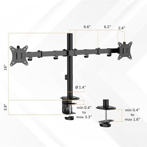Mount-It! Dual Monitor Stand, Full Motion Desk Mount for 2 Screens up to 32” and 19.8 lbs Each, Tilt Swivel Rotate, VESA 75x75 & 100x100, Adjustable Dual Screen Arm with C-Clamp or Grommet 8