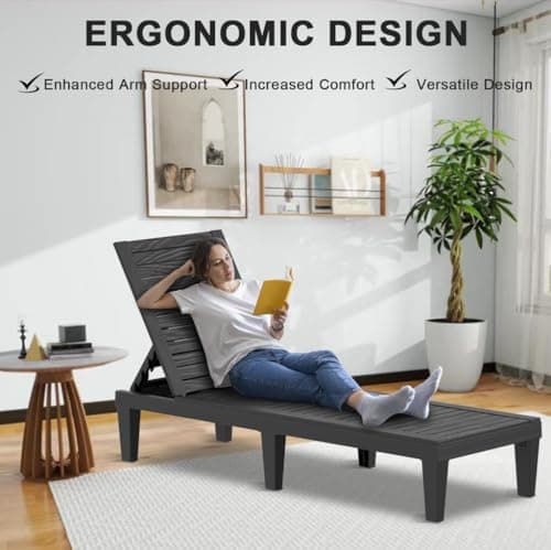 EasyUp Outdoor Chaise Lounge Chair, Resin, 5-Level Adjustable Backrest, Waterproof, UV and Fade Resistant, Gray (Lounge Chair Light Brown（1 Set）) 6