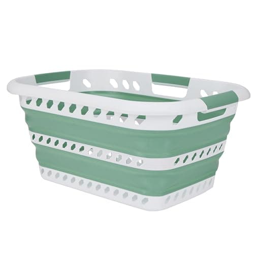 Laundry 360 Collapsible Laundry Basket | Portable | Space Saver Storage | Hold 2 Loads | Store Under the Bed or Closet | Good for Kids | Dorm | Bedroom | Large | White/Sage