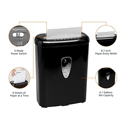 Amazon Basics 6 Sheet High Security Micro-Cut Paper and Credit Card Shredder, P-4 Security Level, Easy to Empty, Black 6