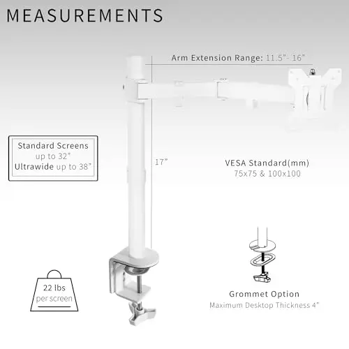 VIVO Single Monitor Arm Desk Mount, Holds Screens up to 32 inch Regular and 38 inch Ultrawide, Fully Adjustable Stand with C-Clamp and Grommet Base, VESA 75x75mm or 100x100mm, White, STAND-V001W 6