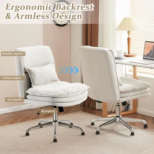 VINGLI Cloud Criss Cross Leggedchair, 18" High Back Armless HomeOffice Deskchair, Wide Adjustable Comfy PaddedSeat Task Computerchair, Modern Swivel Makeup Vanity Chair, Fabric, Beige 7