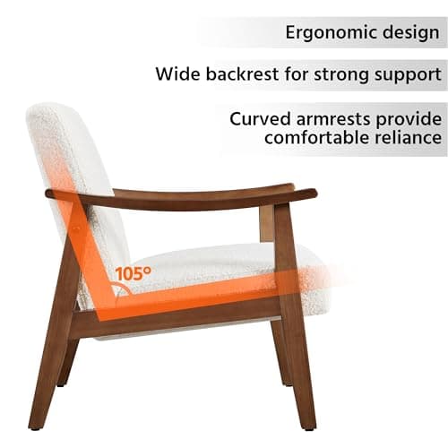 Yaheetech Fabric Accent Chair, Mid-Century Modern Armchair with Solid Wood Legs, Reading Leisure Chair with High Back for Living Room Bedroom Waiting Room,Ivory 10