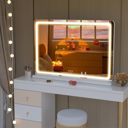 Hasipu Vanity Mirror with Lights, 22.8" x 18" LED Makeup Mirror, Lighted Makeup Mirror with Dimmable 3 Modes, Touch Screen Control Vanity Mirror Round White 6