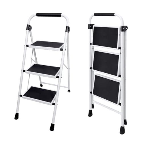 NEWBULIG Step Ladder, 3 Sturdy Step Stool with Anti-Slip Pedal & Comfortable Handrail, 330lbs Capacity, Portable Heavy Duty Step Stool for Kitchen, Garage & Outdoor Use, Black