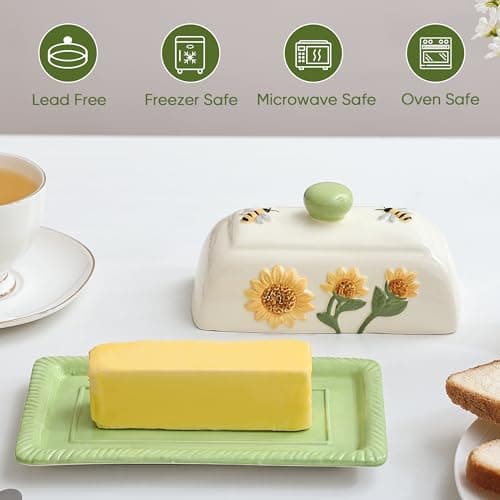 Fungi Fun Ceramic Butter Dish with Lid for Countertop – Decorative Sunflower and Mushroom Design, Unique Sunflower Kitchen Accessories, Cute Butter Dish with Cover for Countertop, Holds 2 Sticks 6