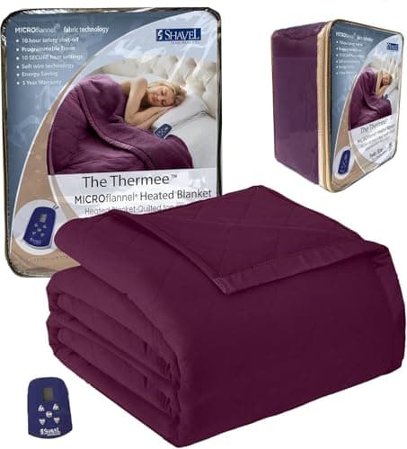 Shavel Home Products Micro Flannel Blanket Full Size Heated Blanket with 10 Settings, Programable Heating Blanket, Luxuriously Soft Heated Throw Blanket, Rapid Heating Thermal Blanket - Wine