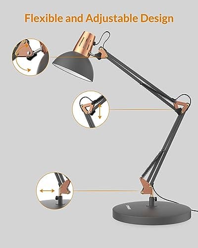 LEPOWER Metal Desk Lamp, Adjustable Goose Neck Architect Table Lamp with On/Off Switch, Swing Arm Desk Lamp with Clamp, Eye-Caring Reading Lamp for Bedroom, Study Room &Office (Sandy Black) 7