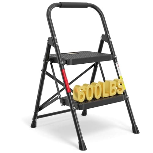 BONTEC 2-Step Ladder, Folding Step Stool, 600lbs Max Load Capacity, Sturdy Steel, Non-Slip Pedals, Lightweight, Portable Steel Ladder with Convenient Handrail, Safety Design for Home & Work, Black