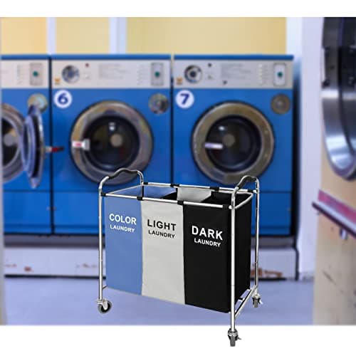 Laundry Basket, Large Laundry Hamper with Wheels, 3 Section Laundry Bag Organizer for Dirty Clothes; Dorm Room Essentials, Towel & Toys Storage Laundry Cart in Laundry Room Organization -BLUE 5