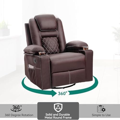 YITAHOME Recliner Chair,PU Rocking Chair for Adults,Swivel Recliner with Cup Holders,Heat and Massage,Single Sofa Seat with Side Pockets for Living Room/Bedroom,Brown 6